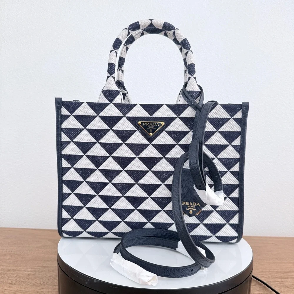 Prada Milano 1BA354 Symbole Jacquard Tote Blue White Triangle Pattern Bag Italy
